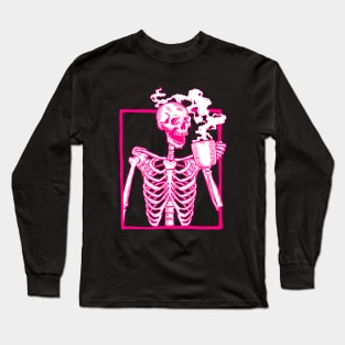 halloween skeleton drinking coffee pink Long Sleeve T-Shirt